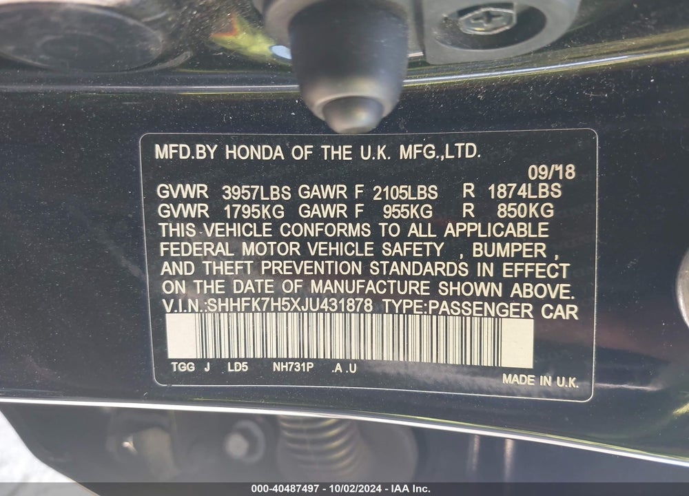2018 HONDA CIVIC EX VIN: SHHFK7H5XJU431878