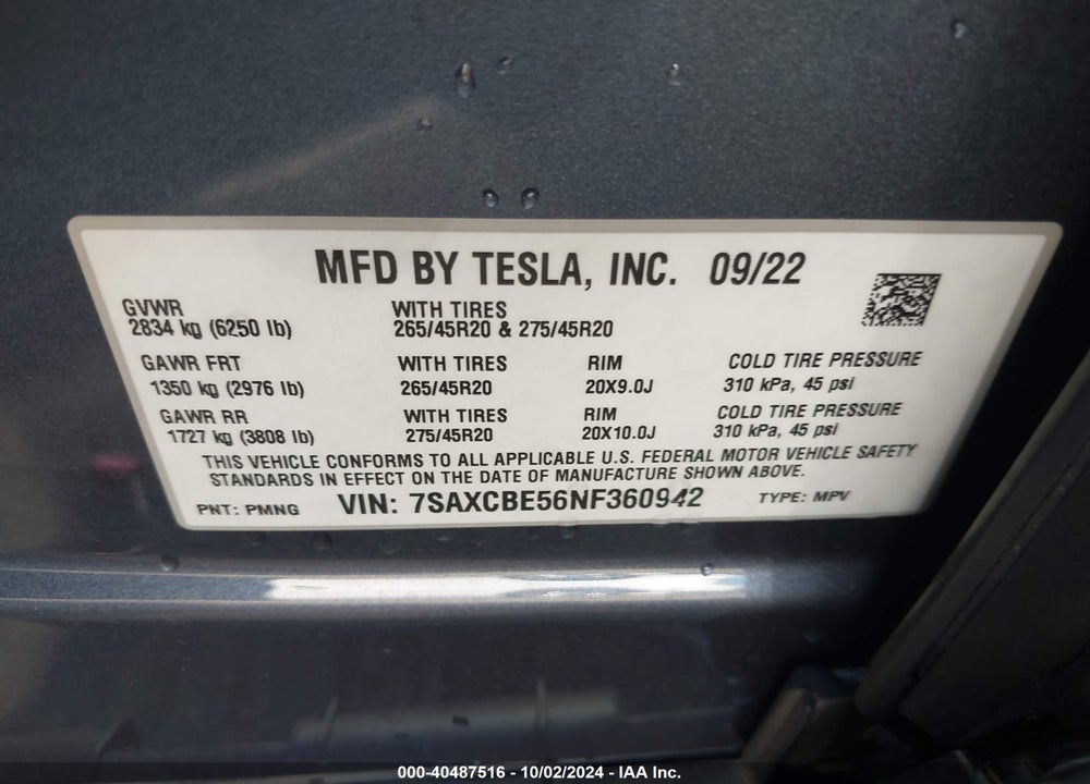 2022 TESLA MODEL X DUAL MOTOR ALL-WHEEL DRIVE VIN: 7SAXCBE56NF360942