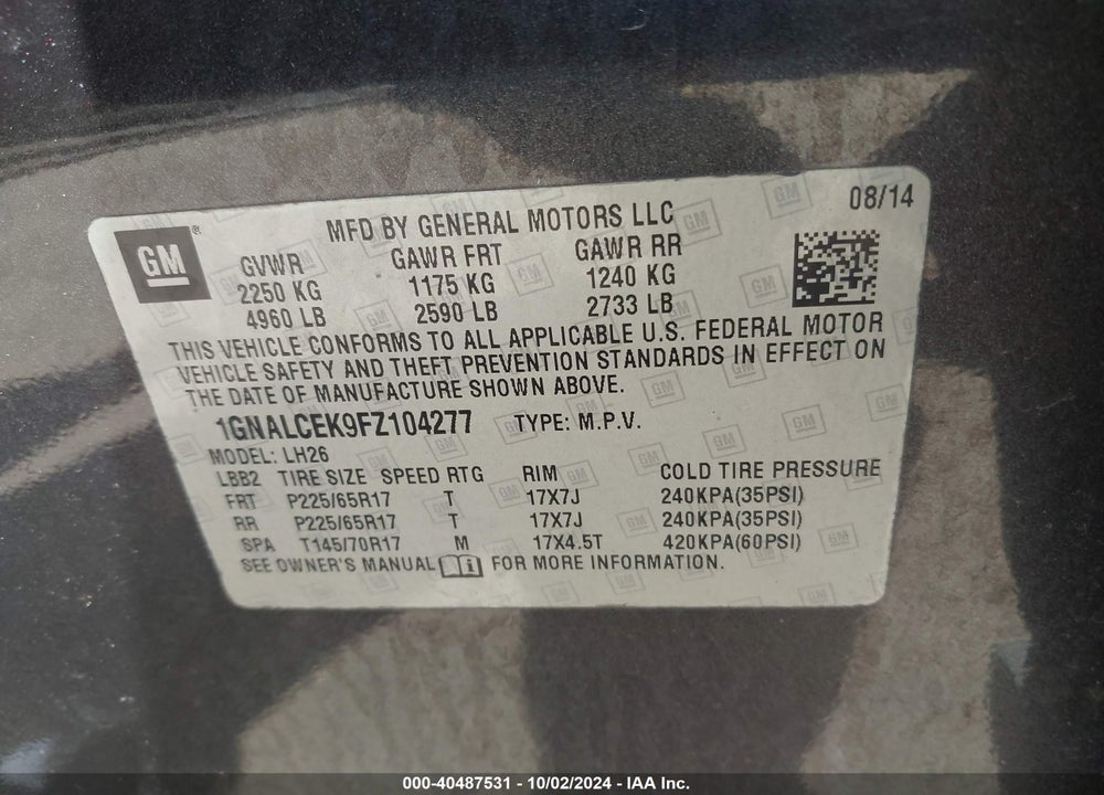 2015 CHEVROLET EQUINOX 2LT VIN: 1GNALCEK9FZ104277