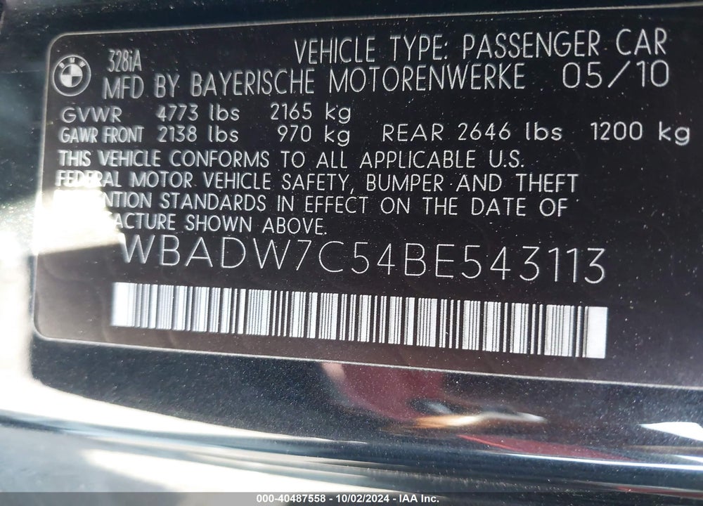 2011 BMW 328I VIN: WBADW7C54BE543113