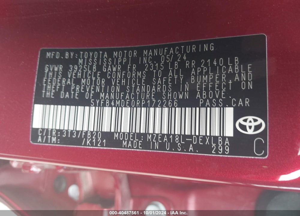 2024 TOYOTA COROLLA LE VIN: 5YFB4MDE0RP172266