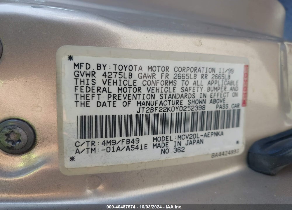 2000 TOYOTA CAMRY LE V6 VIN: JT2BF22K0Y0252398