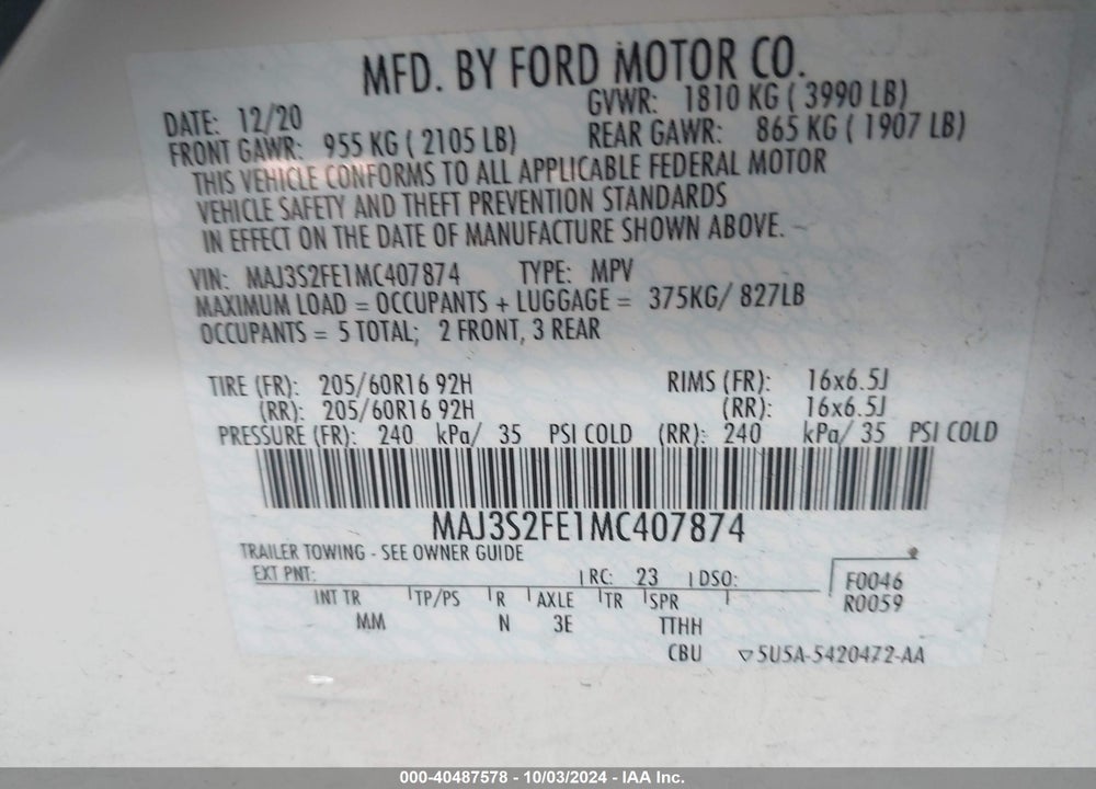 2021 FORD ECOSPORT S VIN: MAJ3S2FE1MC407874