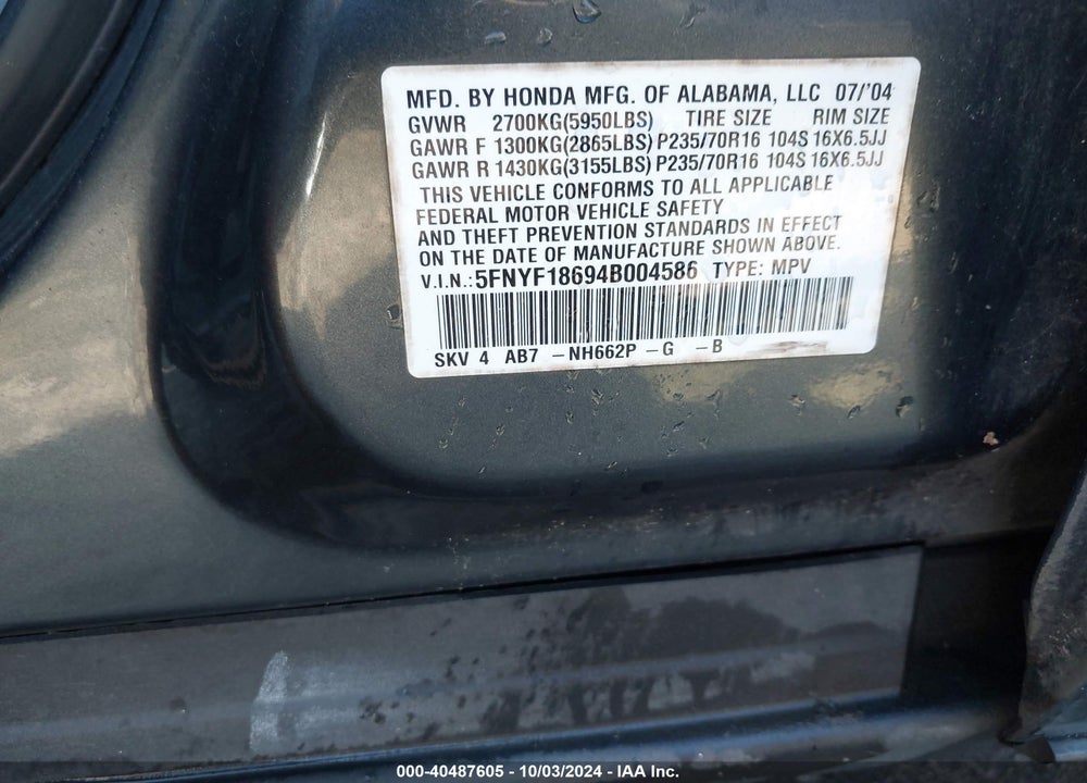 2004 HONDA PILOT EX-L VIN: 5FNYF18694B004586