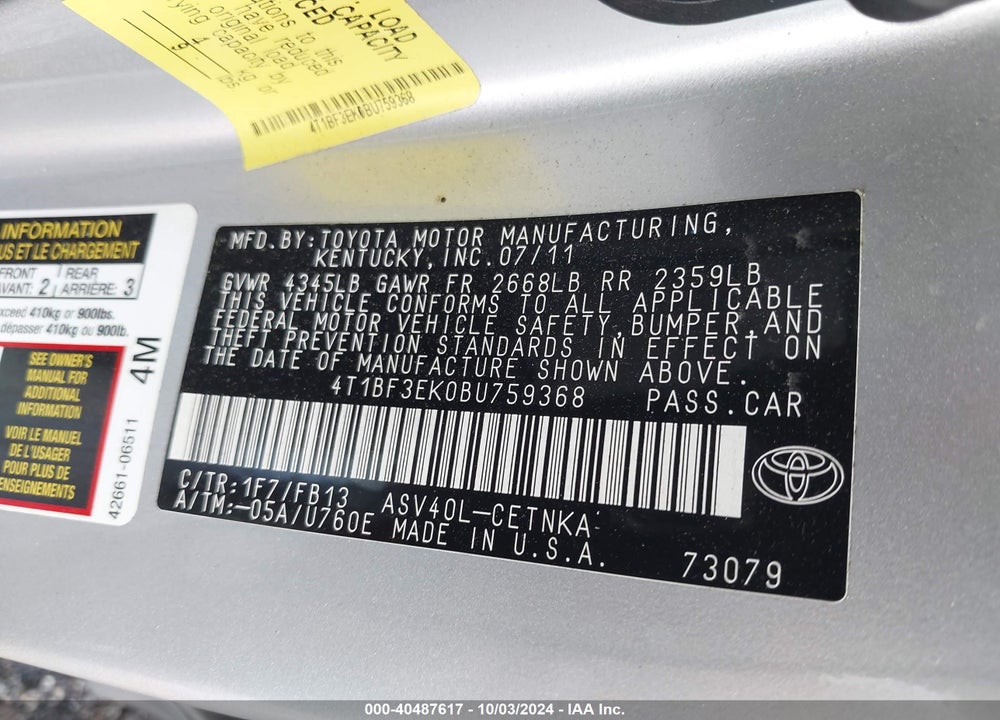 2011 TOYOTA CAMRY LE VIN: 4T1BF3EK0BU759368