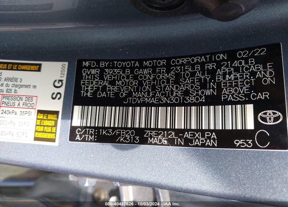 2022 TOYOTA COROLLA LE VIN: JTDVPMAE3N3013804