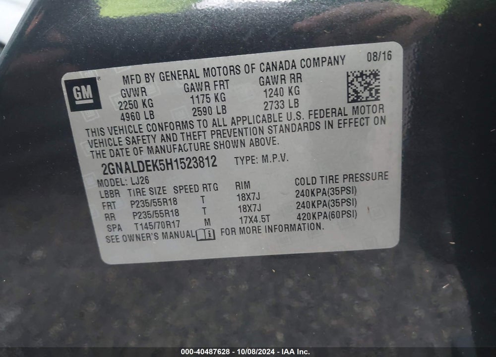 2017 CHEVROLET EQUINOX PREMIER VIN: 2GNALDEK5H1523812