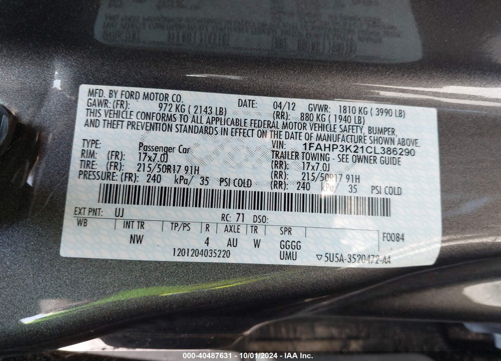 2012 FORD FOCUS SE VIN: 1FAHP3K21CL386290