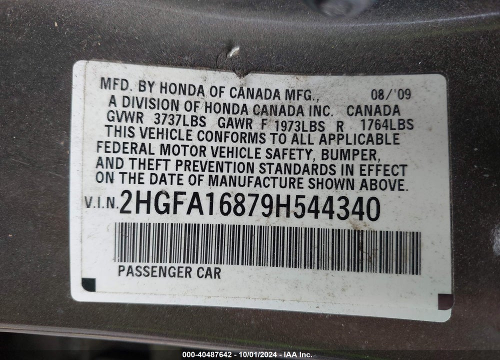 2009 HONDA CIVIC EX VIN: 2HGFA16879H544340