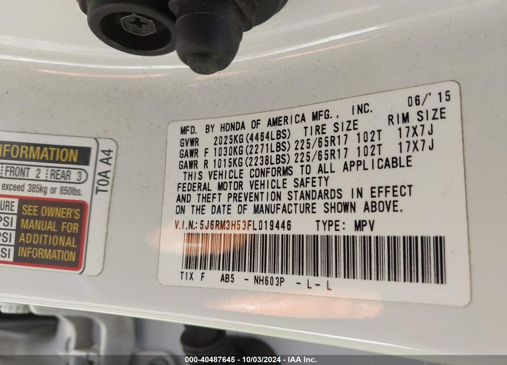 2015 HONDA CR-V EX VIN: 5J6RM3H53FL019446