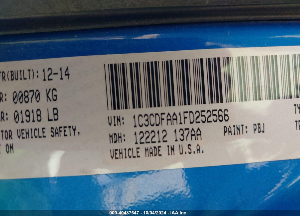 2015 DODGE DART SE VIN: 1C3CDFAA1FD252566