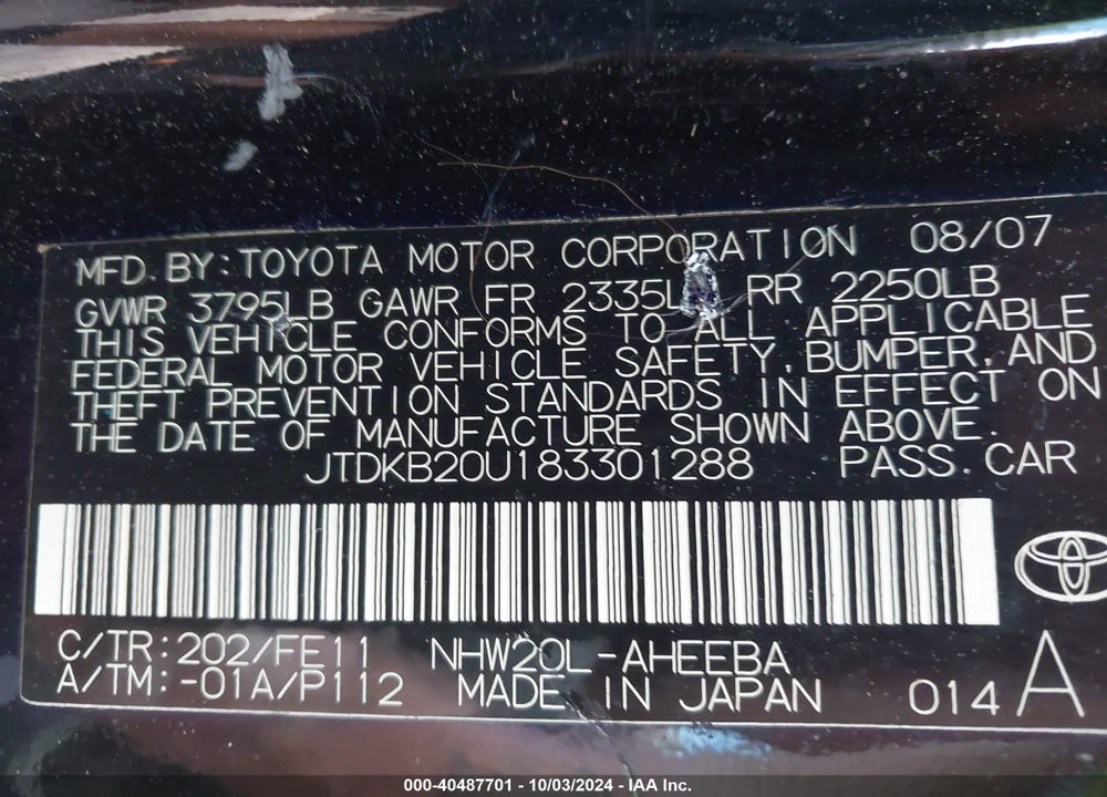 2008 TOYOTA PRIUS VIN: JTDKB20U183301288