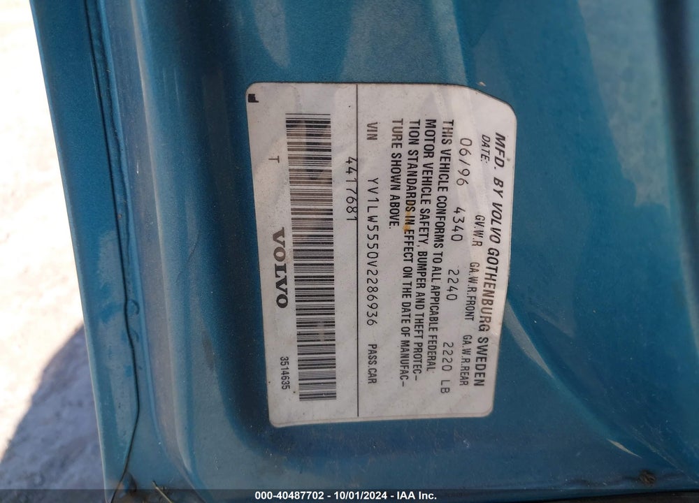 1997 VOLVO 850 GT VIN: YV1LW5550V2286936