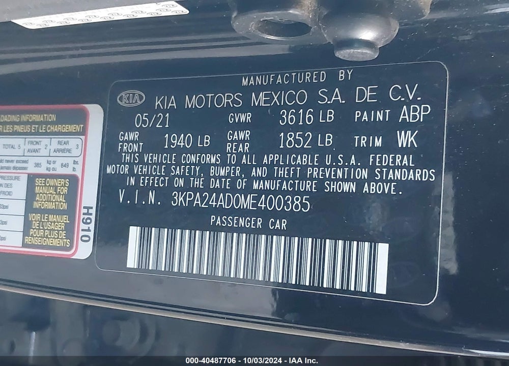 2021 KIA RIO LX VIN: 3KPA24AD0ME400385