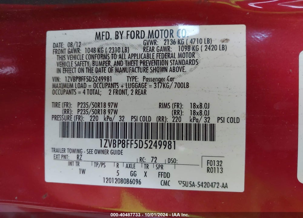 2013 FORD MUSTANG GT VIN: 1ZVBP8FF5D5249981