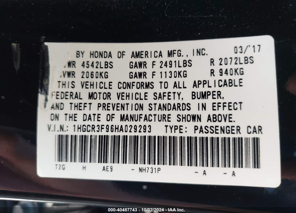 2017 HONDA ACCORD TOURING V6 VIN: 1HGCR3F96HA029293