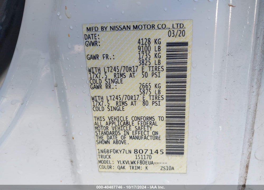 2020 NISSAN NV CARGO NV2500 HD S STANDARD ROOF V6 VIN: 1N6BF0KY7LN807145