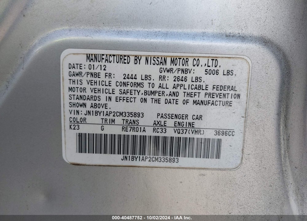 2012 INFINITI M37 VIN: JN1BY1AP2CM335893