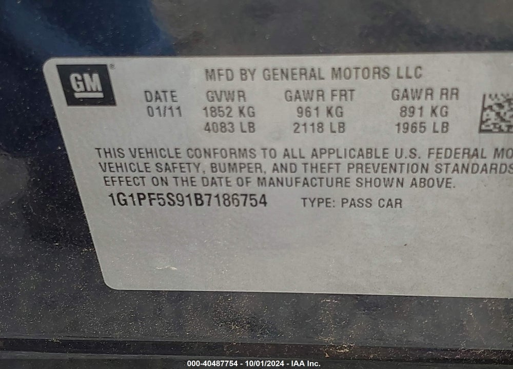 2011 CHEVROLET CRUZE 1LT VIN: 1G1PF5S91B7186754