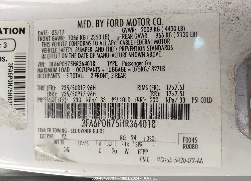 2017 FORD FUSION SE VIN: 3FA6P0H75HR364018