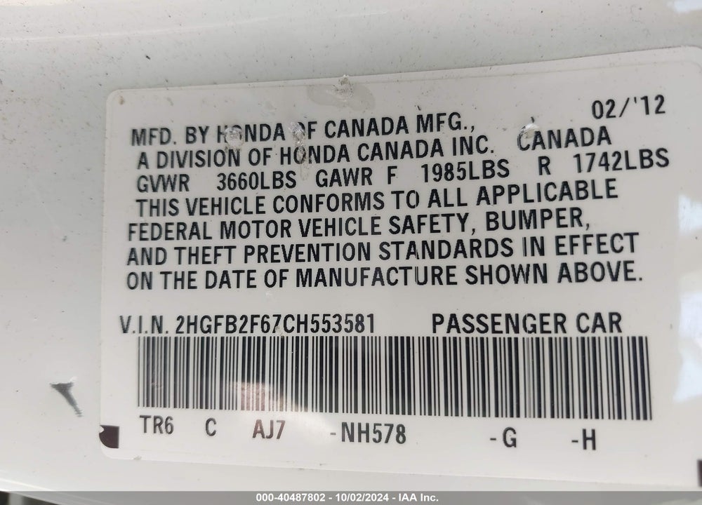 2012 HONDA CIVIC HF VIN: 2HGFB2F67CH553581