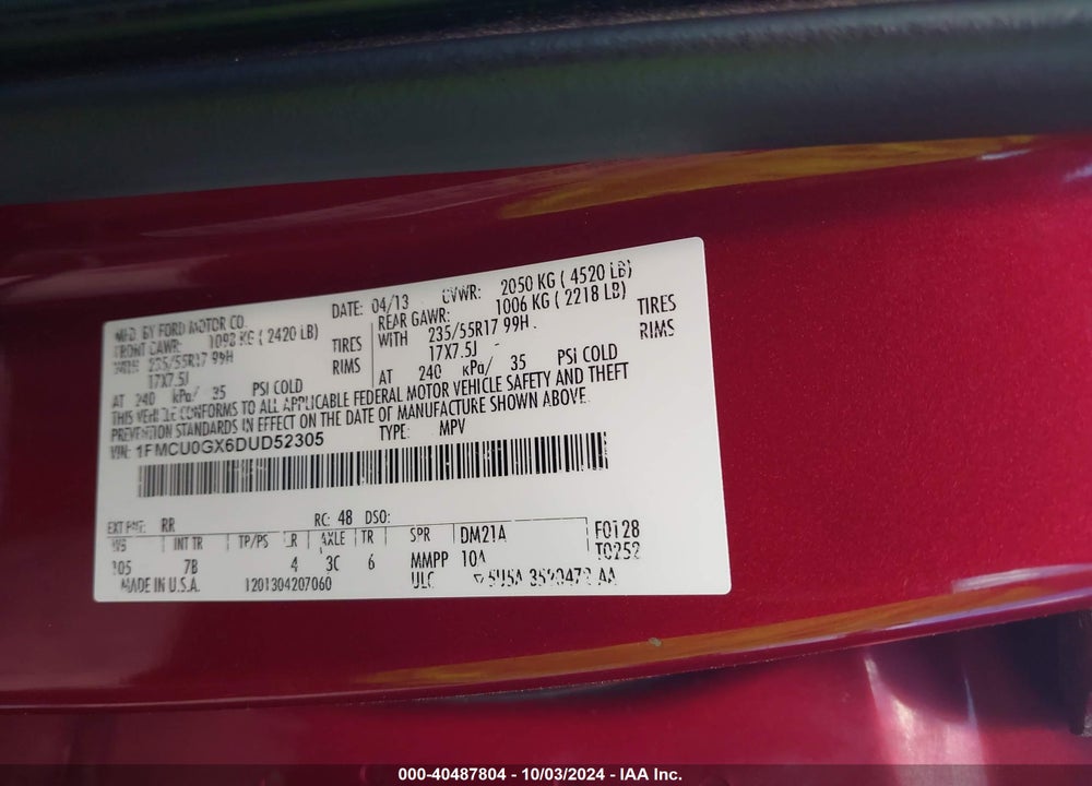 2013 FORD ESCAPE SE VIN: 1FMCU0GX6DUD52305