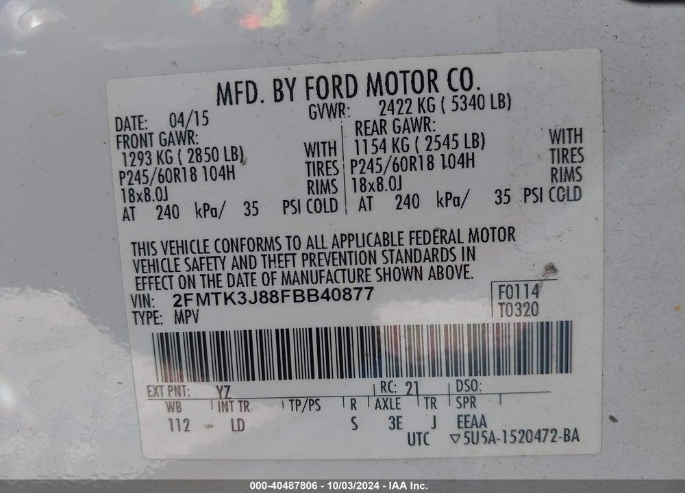 2015 FORD EDGE SEL VIN: 2FMTK3J88FBB40877