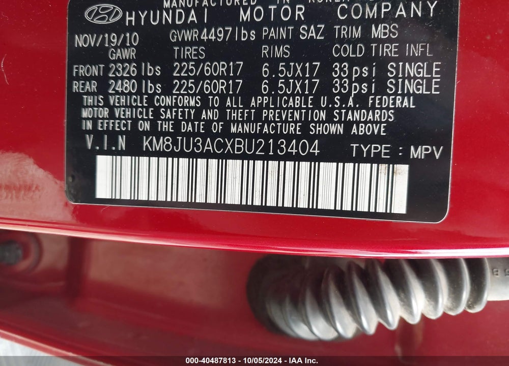 2011 HYUNDAI TUCSON GLS VIN: KM8JU3ACXBU213404