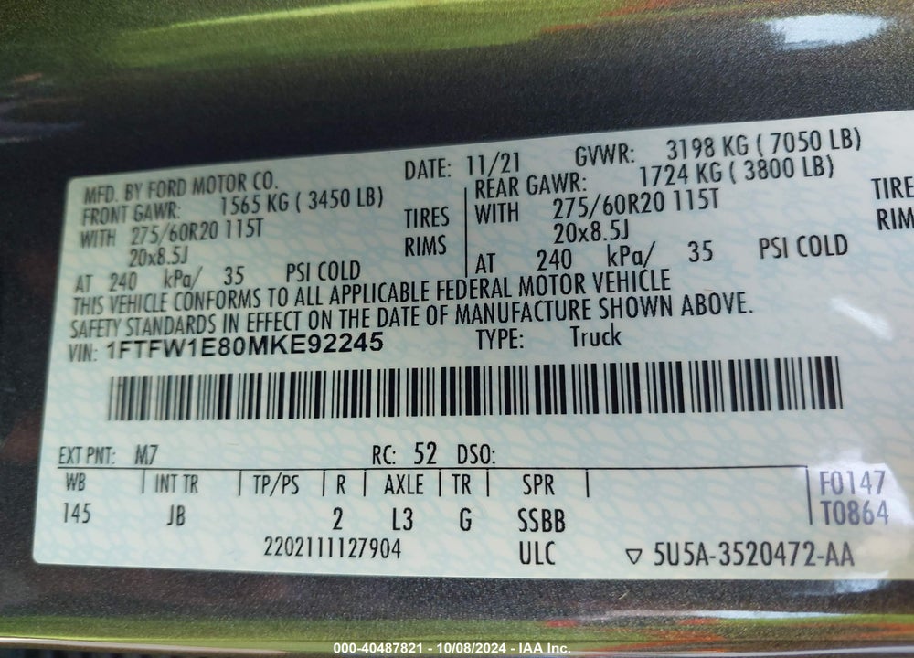 2021 FORD F-150 XL VIN: 1FTFW1E80MKE92245