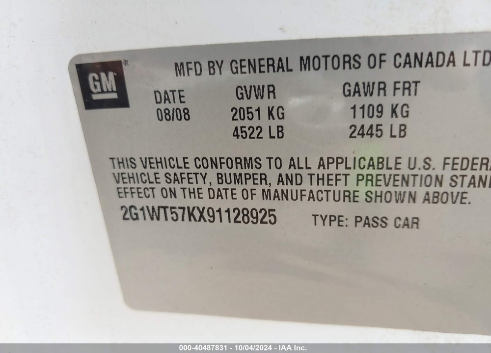 2009 CHEVROLET IMPALA LT VIN: 2G1WT57KX91128925