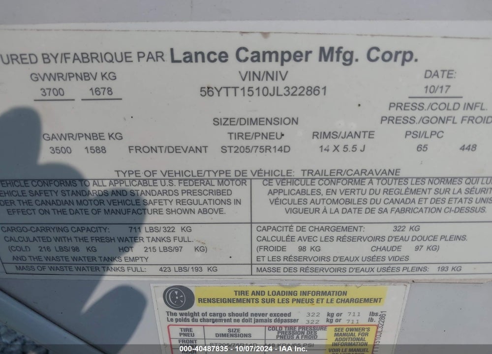 2018 LANCE TRAVEL TRAILERS VIN: 56YTT1510JL322861