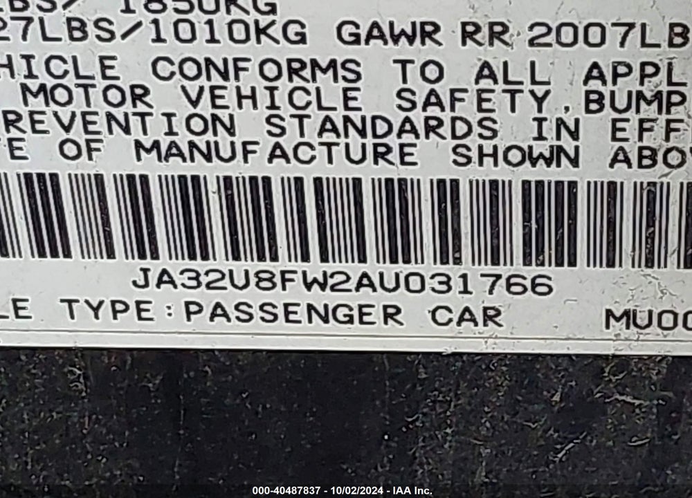 2010 MITSUBISHI LANCER GTS VIN: JA32U8FW2AU031766