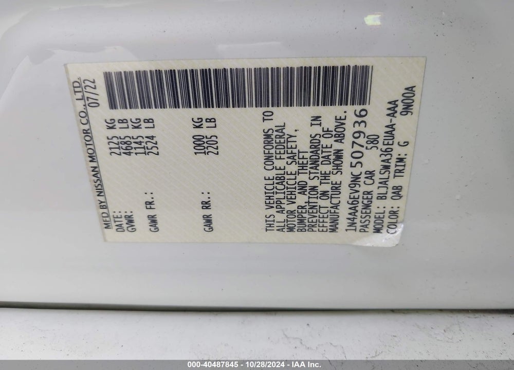 2022 NISSAN MAXIMA SR XTRONIC CVT VIN: 1N4AA6EV9NC507936