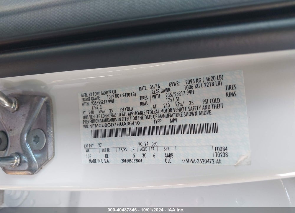 2017 FORD ESCAPE SE VIN: 1FMCU0GD7HUA36410