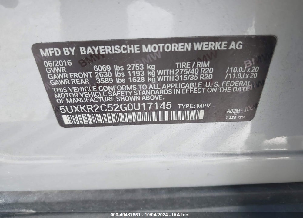 2016 BMW X5 SDRIVE35I VIN: 5UXKR2C52G0U17145