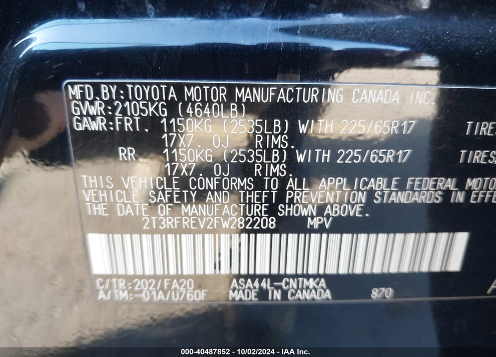 2015 TOYOTA RAV4 XLE VIN: 2T3RFREV2FW282208