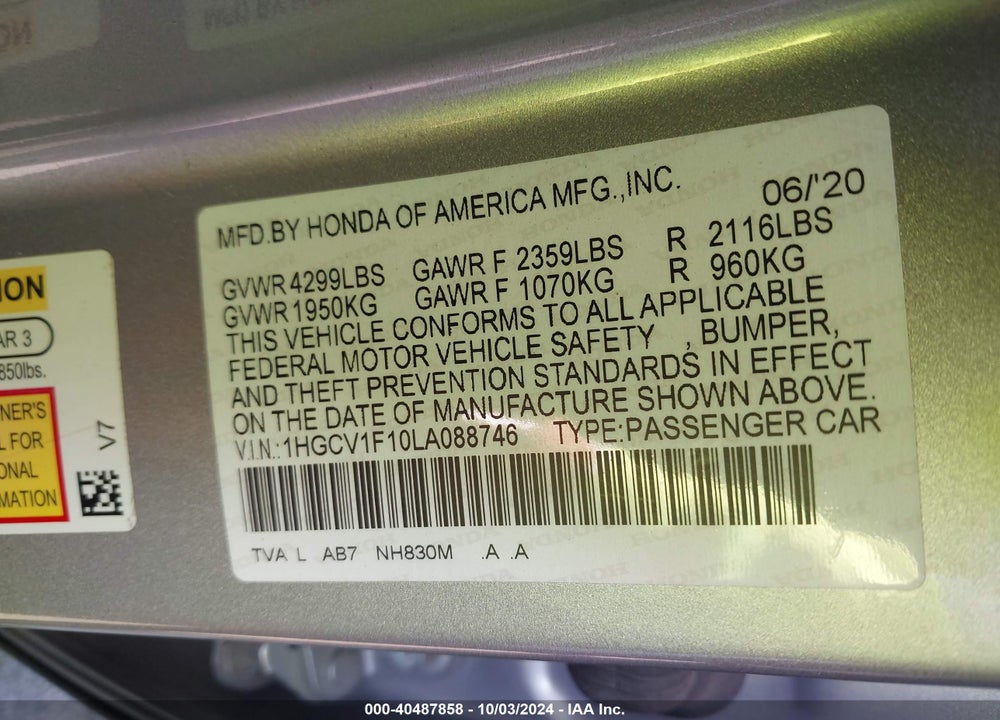 2020 HONDA ACCORD LX VIN: 1HGCV1F10LA088746