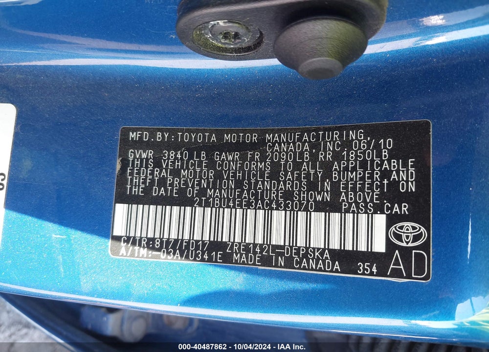 2010 TOYOTA COROLLA S VIN: 2T1BU4EE3AC433070
