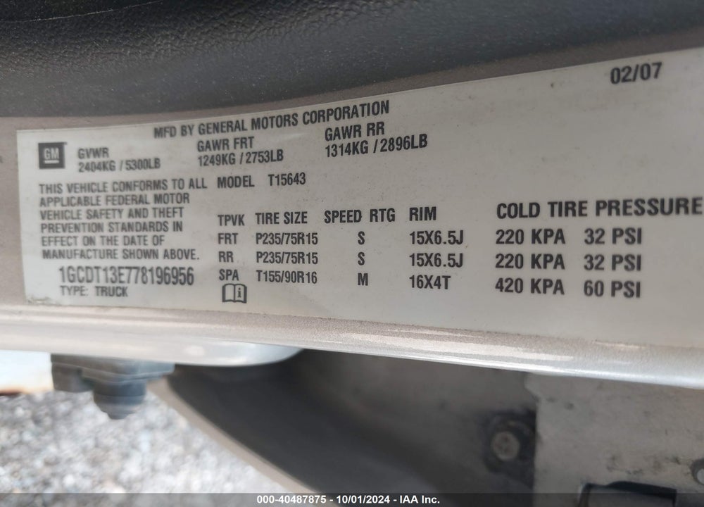 2007 CHEVROLET COLORADO LT VIN: 1GCDT13E778196956