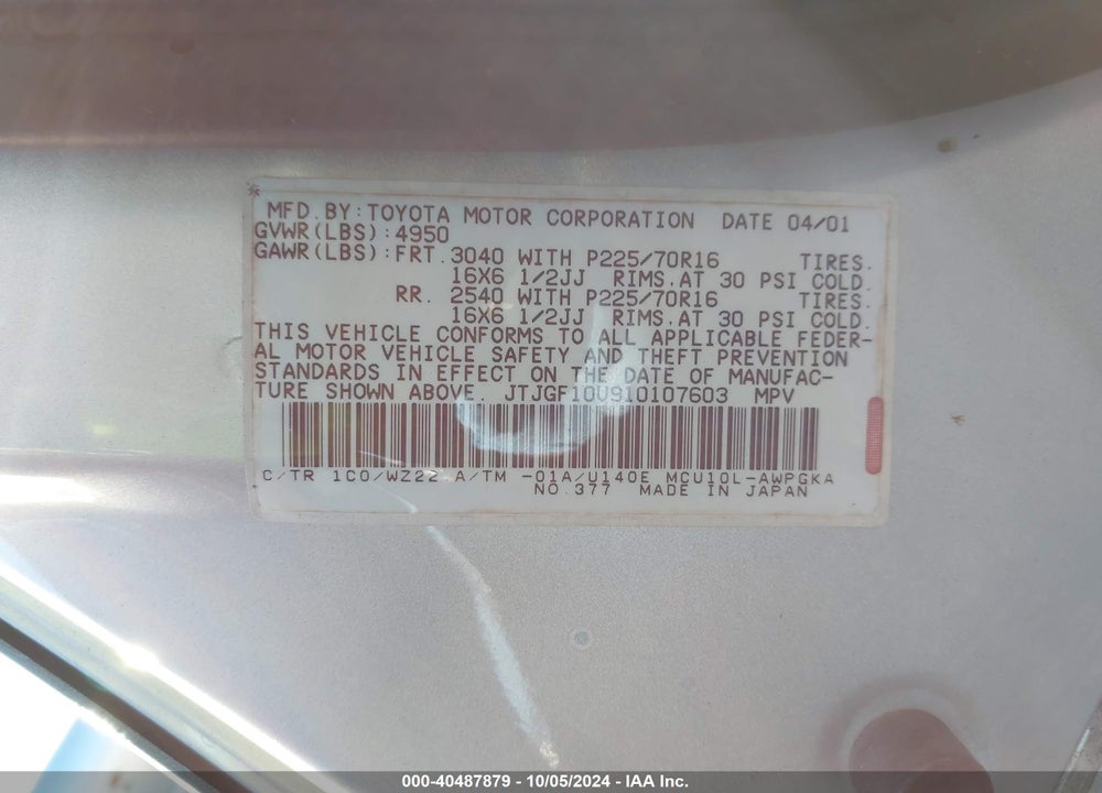 2001 LEXUS RX 300 VIN: JTJGF10U910107603