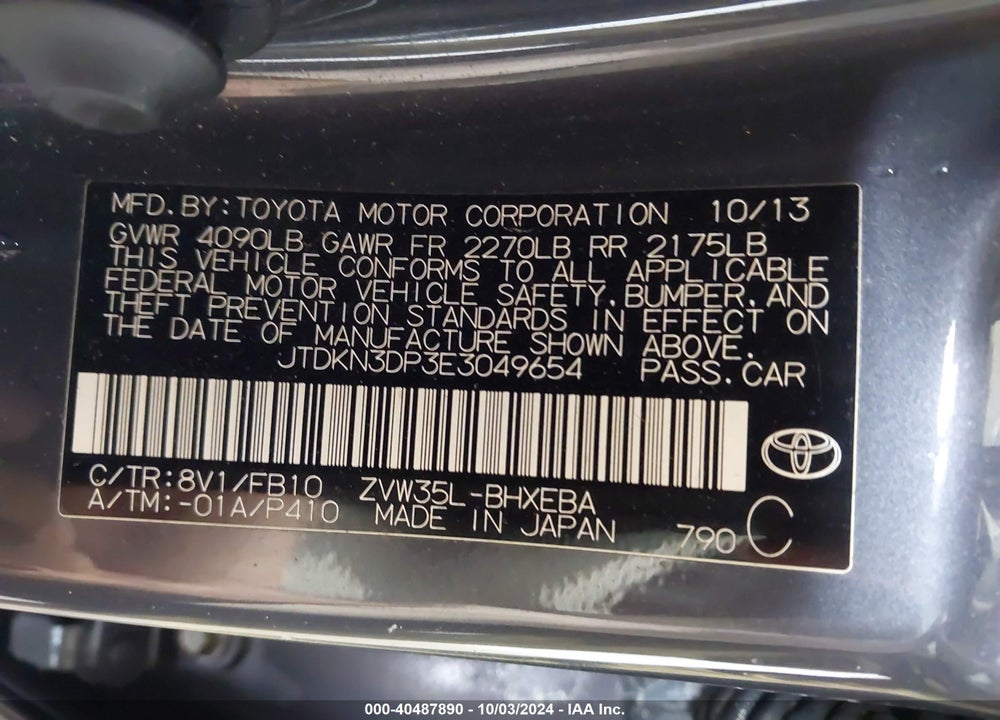 2014 TOYOTA PRIUS PLUG-IN VIN: JTDKN3DP3E3049654