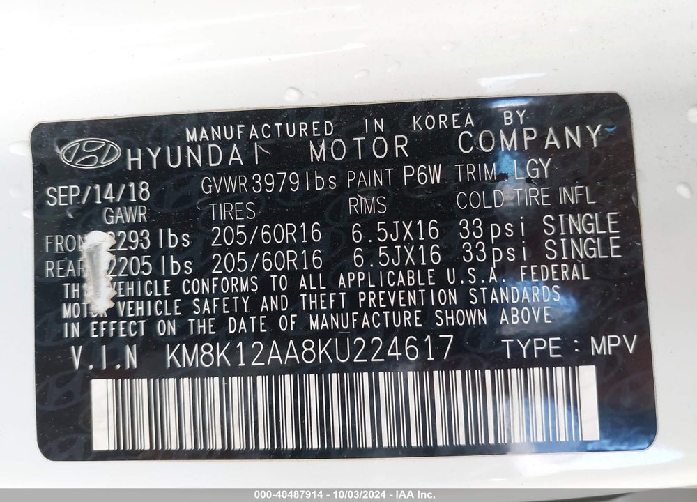 2019 HYUNDAI KONA SE VIN: KM8K12AA8KU224617