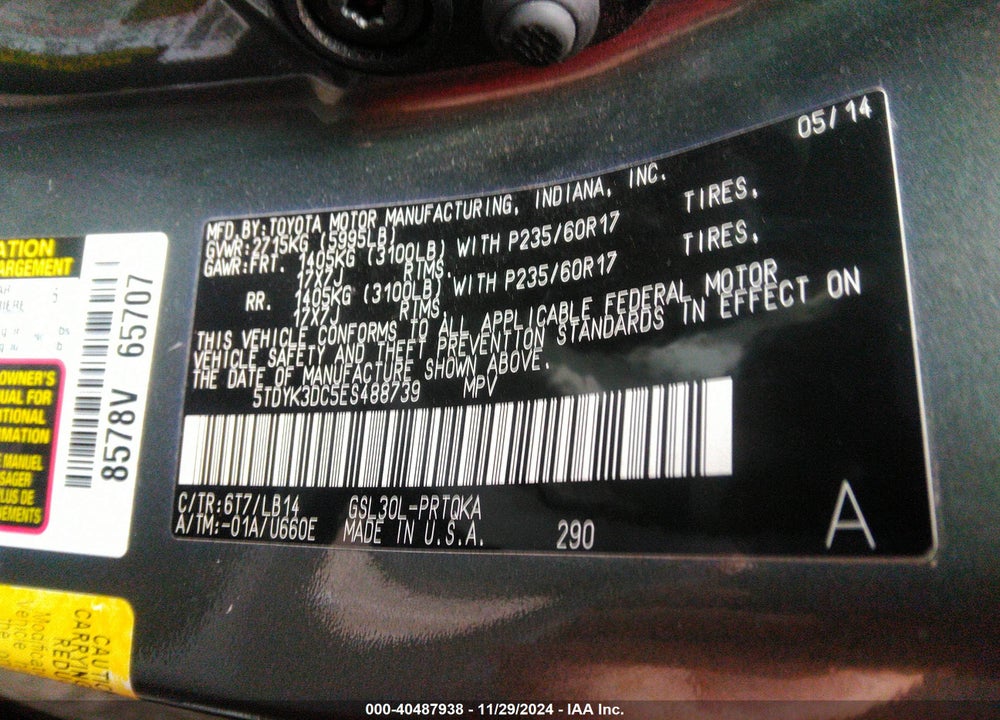 2014 TOYOTA SIENNA XLE V6 8 PASSENGER VIN: 5TDYK3DC5ES488739