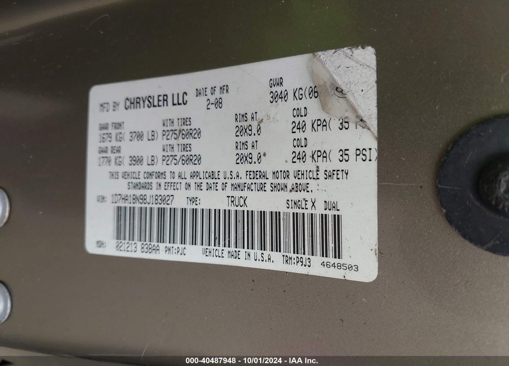 2008 DODGE RAM 1500 SLT VIN: 1D7HA18N98J183027