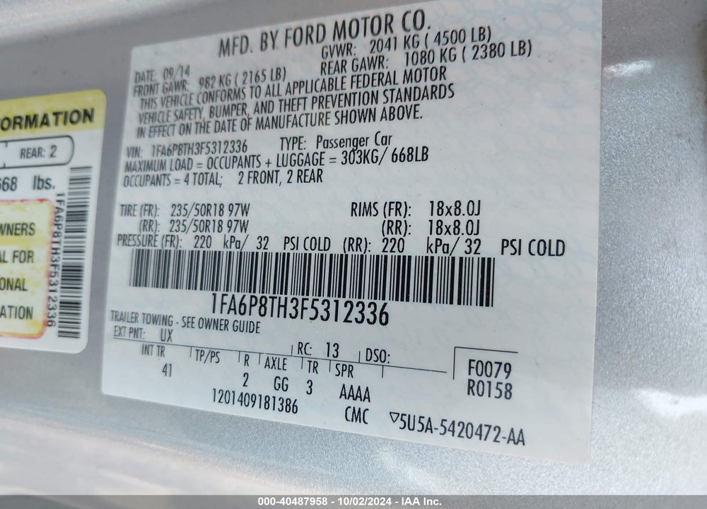 2015 FORD MUSTANG ECOBOOST VIN: 1FA6P8TH3F5312336