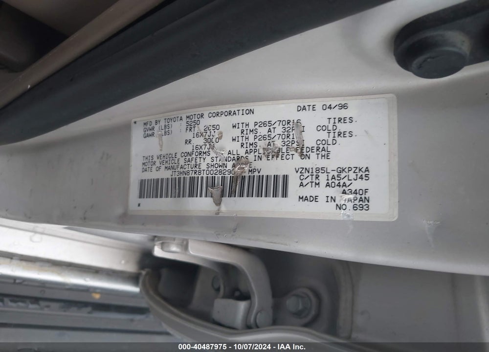 1996 TOYOTA 4RUNNER LIMITED VIN: JT3HN87R8T0028290