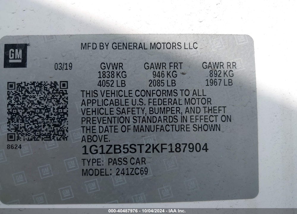 2019 CHEVROLET MALIBU 1LS VIN: 1G1ZB5ST2KF187904