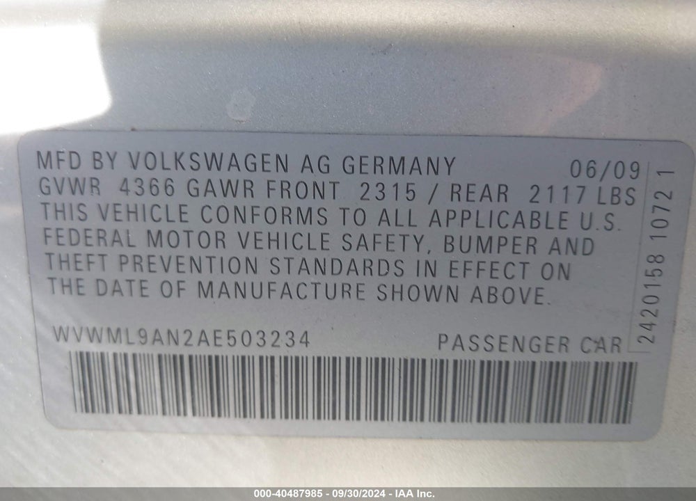 2010 VOLKSWAGEN CC SPORT VIN: WVWML9AN2AE503234
