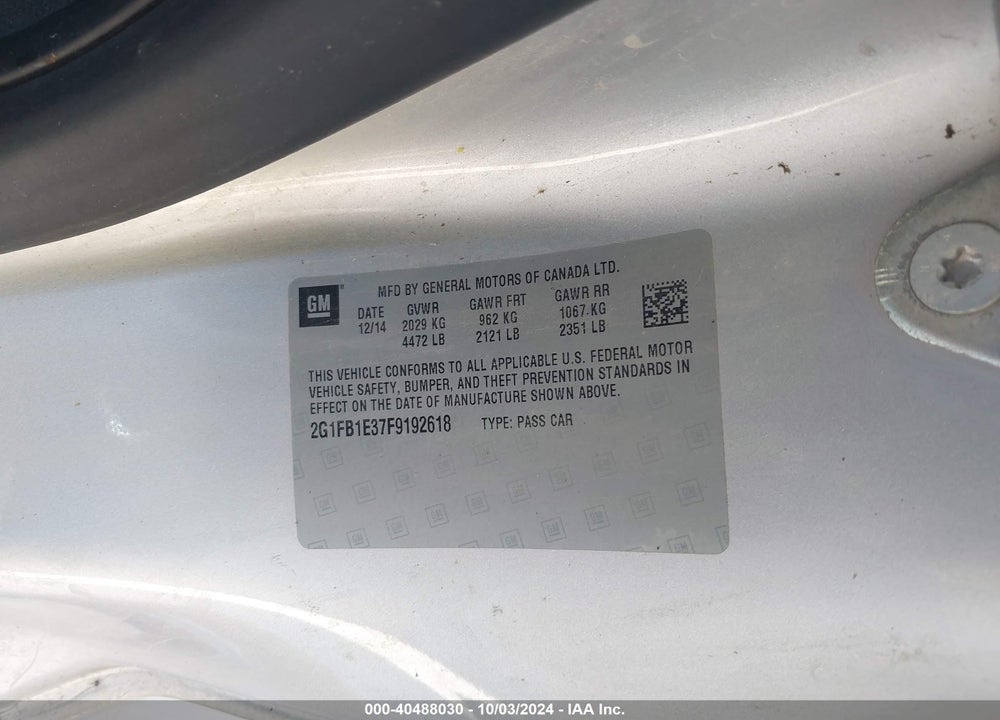 2015 CHEVROLET CAMARO 2LS VIN: 2G1FB1E37F9192618