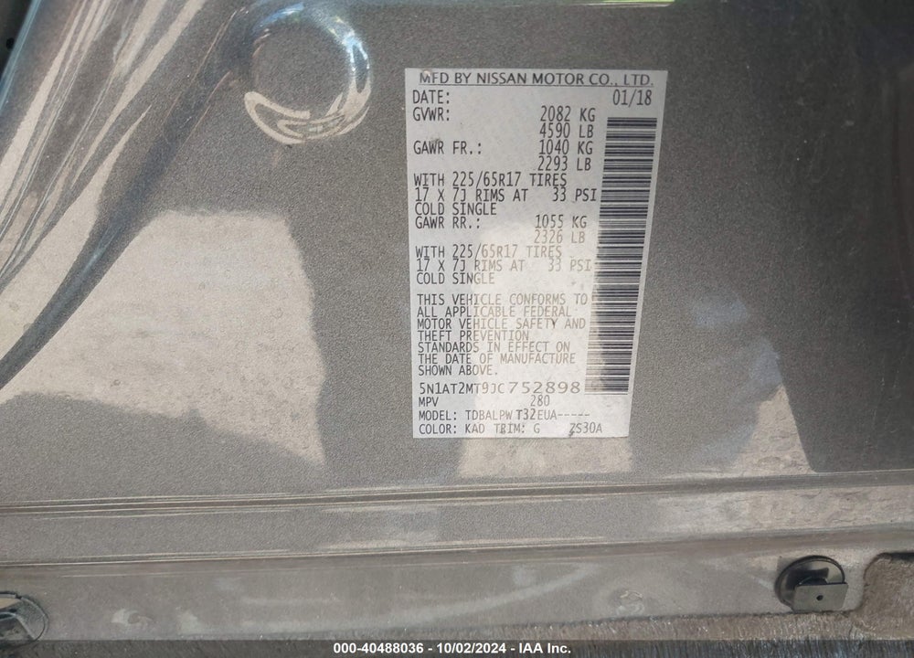 2018 NISSAN ROGUE S VIN: 5N1AT2MT9JC752898